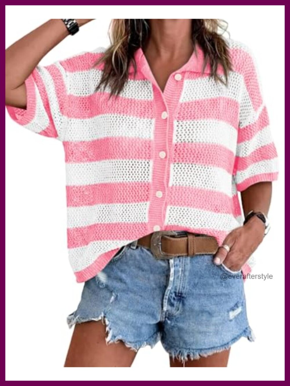 Womens Striped Crochet Cardigan Button Up Batwing Half Sleeve Knit Top